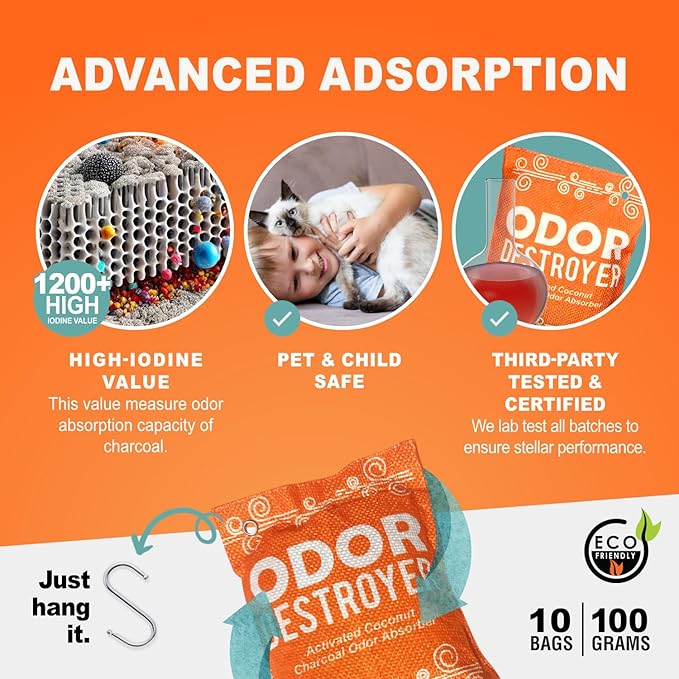 Sunlight® Activated Charcoal Odor Absorber for Home, Odor Eliminator for Strong Odor, Closet deodorizer, Car Air Purifier, Car Smoke Odor Eliminator, better than Bamboo Charcoal Bag 10 Pack, 100g Each