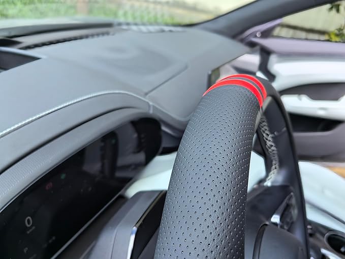 Quick Install Sporty Perforated Nappa Leather Steering Wheel Cover with Red Stripes Universal fit 14½" to 15" Car SUV Pickup 14.5 to 15 inches Napa
