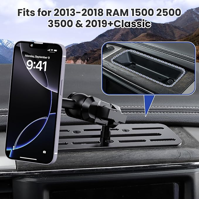 Stainless Steel Phone Mount for 2013-2018 Ram 1500/2500/3500 &2019+ Classic, Magnetic & Clamp Dual Heads, All-Metal Shakeproof OEM Screw Hole Dash Mount Install Super Stable