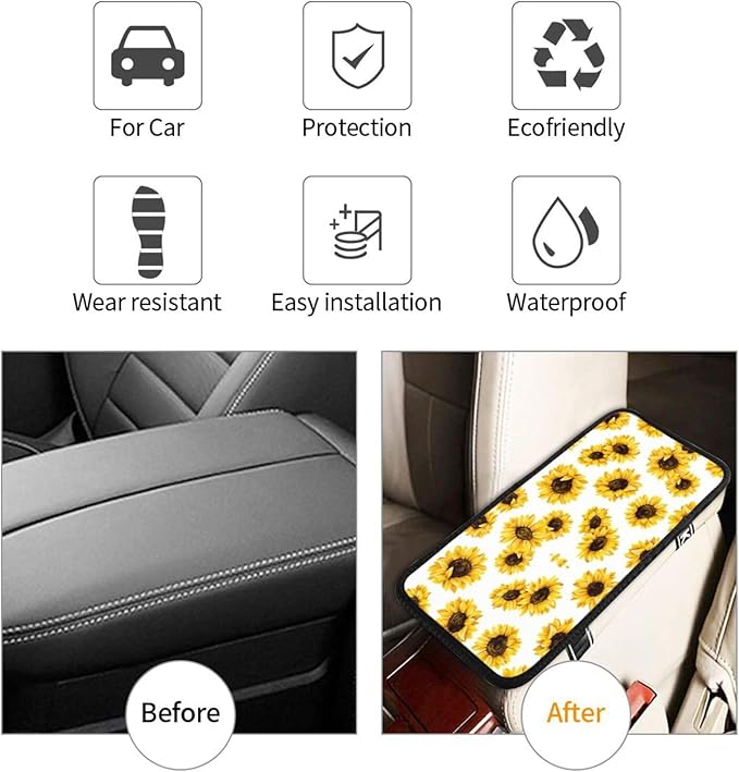 Car Armrest Cover Auto Center Console Pad Arm Rest Cushion Soft Car Accessories Universal for Most Vehicle (Floral Sunflower Pattern Design)