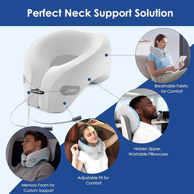 jiaao Travel Pillow Memory Foam Neck Support, Comfortable Airplane Neck Pillow with Adjustable Drawstring for Planes, Cars, Trains, and Long Journeys