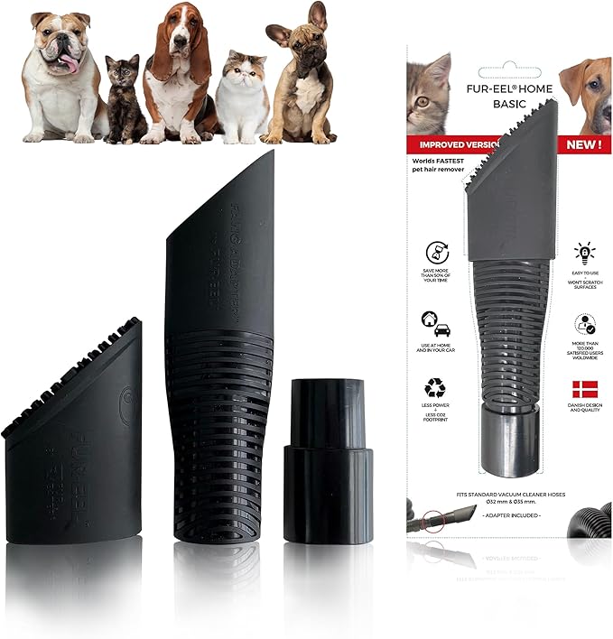 Fur-EEL Pet Hair Removal Tool for Car & Home | Universal Vacuum Attachment for Dog & Cat Hair | Fits 1-1/4" or 1-3/8" Hoses | Lint Remover with Soft Rubber Bristles | Easy to Clean & Reuse
