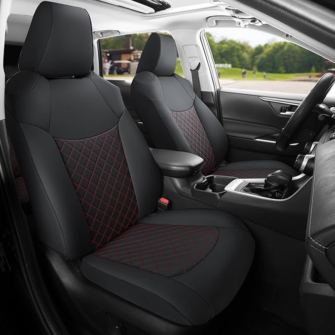GIANT PANDA Customized Full Set Car Seat Covers Fit for Toyota Rav4 2019 2020 2021 2022 2023 2024 2025 Rav 4 Hybrid(XLE/LE/XLE Premium/Limited),Front & Rear/Back Seat Covers, Faux Leather (Black+Red)