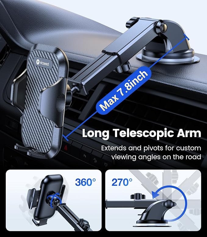 VICSEED 2026 Ultimate Sturdy Car Phone Holder [Upgraded 95+LBS Strongest Suction] Universal Long Arm Cellphone Mount for Car Dashboard Windshield Vent Truck Boat for iPhone 17 16 Pro Max & Android