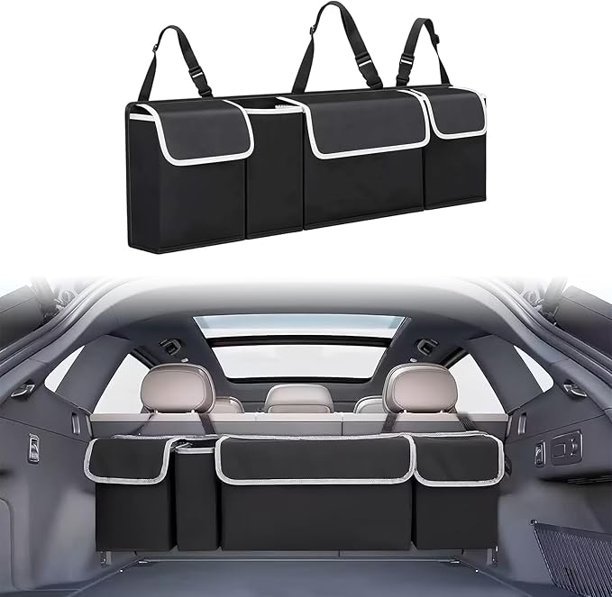 Car Trunk Organizer and Storage, Backseat Hanging Trunk Organizers and Storage, Waterproof Collapsible Cargo Large Bag with 4 Pockets, Car Interior Accessories for SUV, Truck (Black)