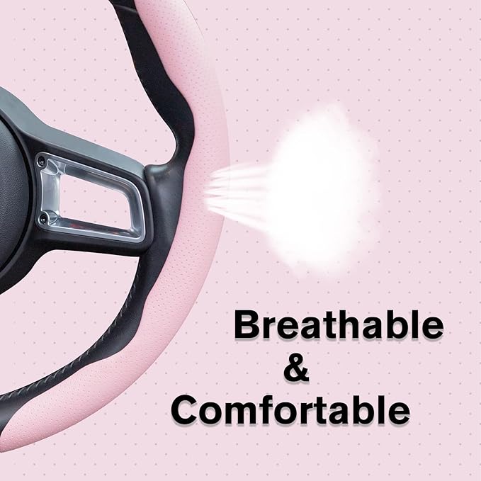 Amiss Car Nappa Leather Steering Wheel Cover, Segmented Steering Wheel Protector, Universal 99% Car Wheel Cover Protector (Pink)