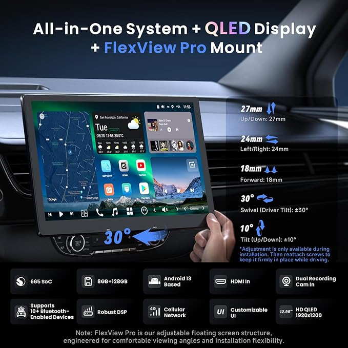 12.95" QLED AI Agent Android Single DIN & Double DIN Car Stereo, Floating Screen, 8G+128G in-Dash Navigation, Golden Hour Alert, 4G LTE, 7.1.2-Ch Audio, HDMI in, Car IoT Hub, Wireless CP&AA,X10G129E