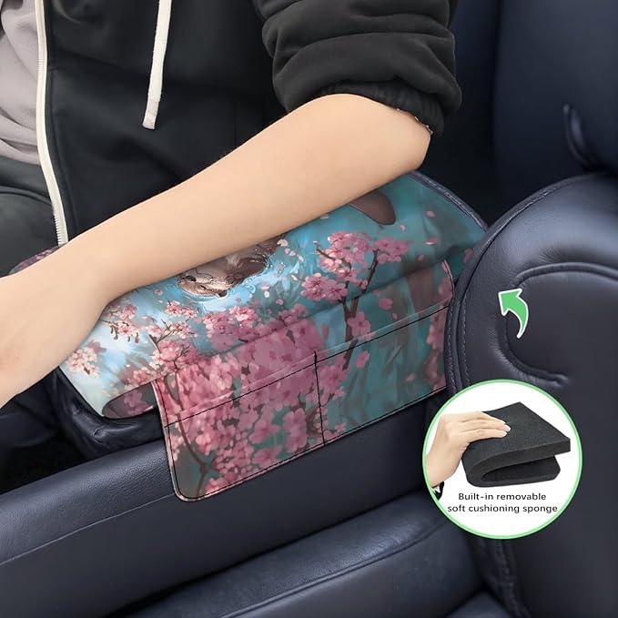 Car Center Console Cover Memory Foam Car Armrest Cushion, Cherry Blossoms Otter Print Middle Console Covers Armrest Pad & Center Console Protector for Truck Auto SUV