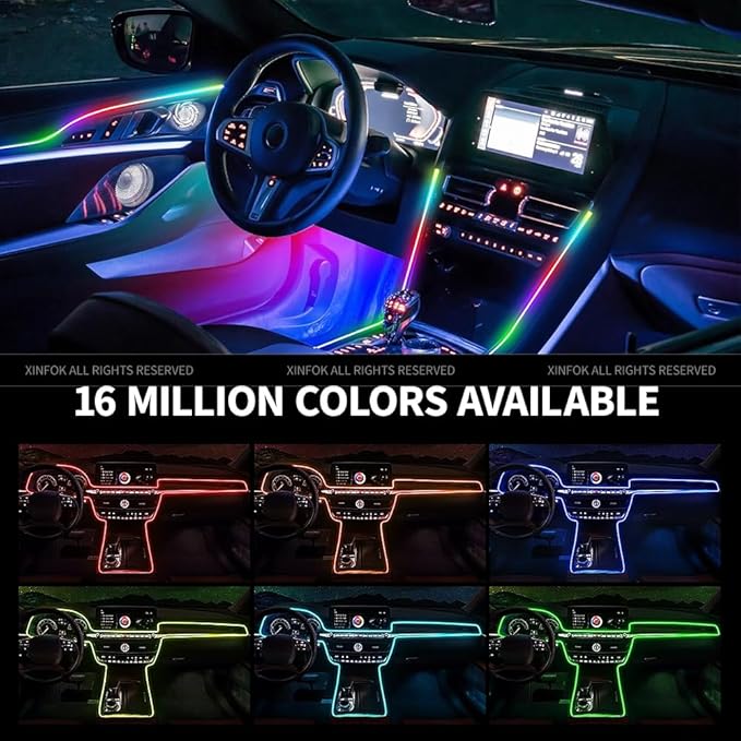 Ambient Lighting Car Led Lights Interior,43.3’’ USB Powered Acrylic Neon Flexible Strip Fiber Optic LED Ambient Lighting Kits with Remote APP, RGB Music Lights Sync for Inside car Dashboard