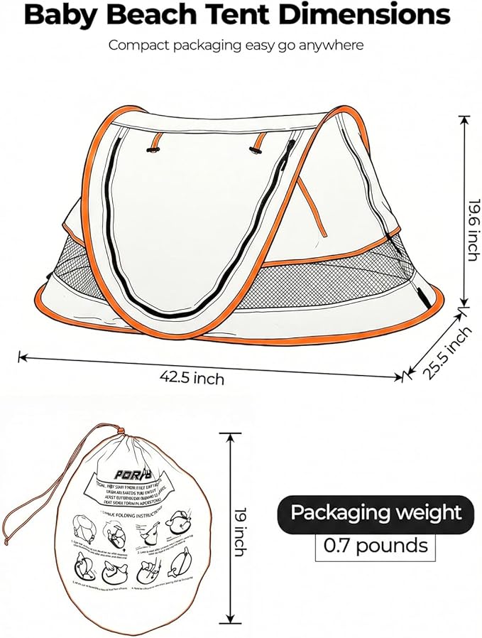 Poray Portable Baby Beach Tent with UPF 50+ Sun Shelter,Mosquito Net and Sunshade, Ideal Pop Up Kids Travel Tent with Carry Bag & 2 Stakes,Outdoor Indoor Play and Sun Protection