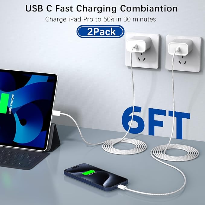 iPad Fast Charger, 2 Pack 20W USB C Charging Block Charge Adapter for Apple iPad Charger with 6FT USB C Woven Fast Charging Cable for iPad Pro 13/12.9/11inch,iPad Air 5th/4,iPad mini 6/7,i-Pad 11 A16