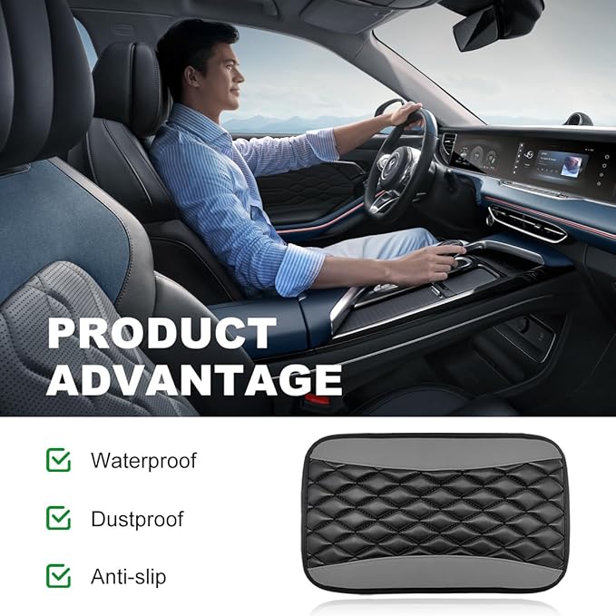 Car Center Console Cushion Pad, 12.6 × 7.48 Inches Waterproof Car Armrest Seat Box Cover, PU Leather Armrest Cover Protector for Most Vehicle, Universal Car Interior Accessories (Black+Gray)