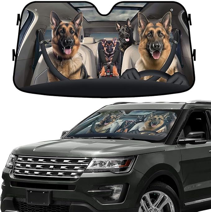 GENANY German Shepherd Dog Family Funny Windshield Sun Shade for Car SUV Truck (55x30 Inches), Sun Shade Windshield, Protector Blocks UV, Car Decor