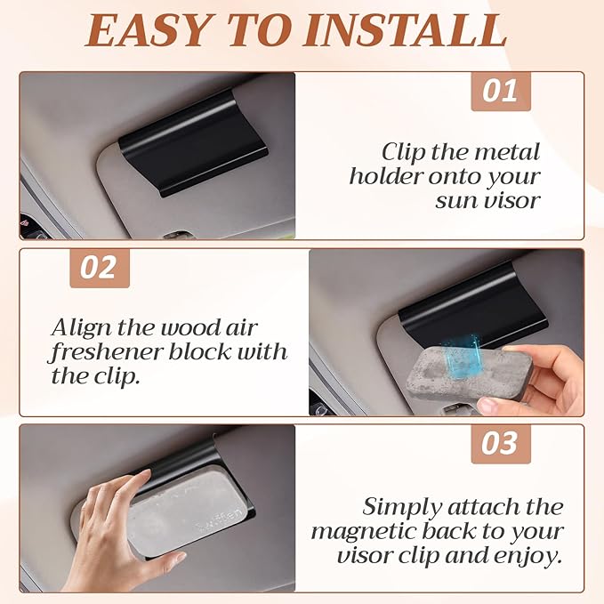 4 Pcs Car Air Freshener Set Stone Air Freshener Vehicle Scent Diffuser Car Odor Eliminator, 4 Long Lasting Scents Amber Coconut Grove Tectona Grandis Refills, Metal Clip Included