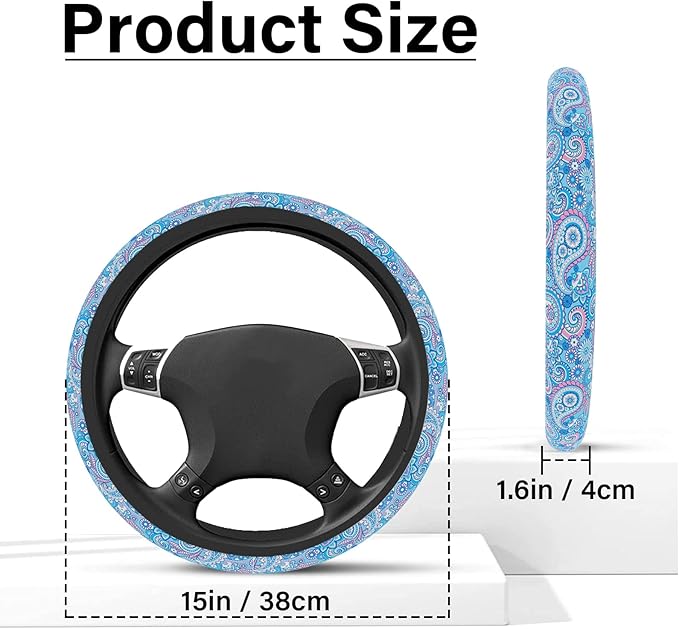 Blue Bohemian Pattern Steering Wheel Cover, Cute Print Steering Wheel Cover Protector, Ultra Thin Breathable Non-Slip, Car Accessories for Women, for Steering Wheel with a Diameter of 14.5"-15"