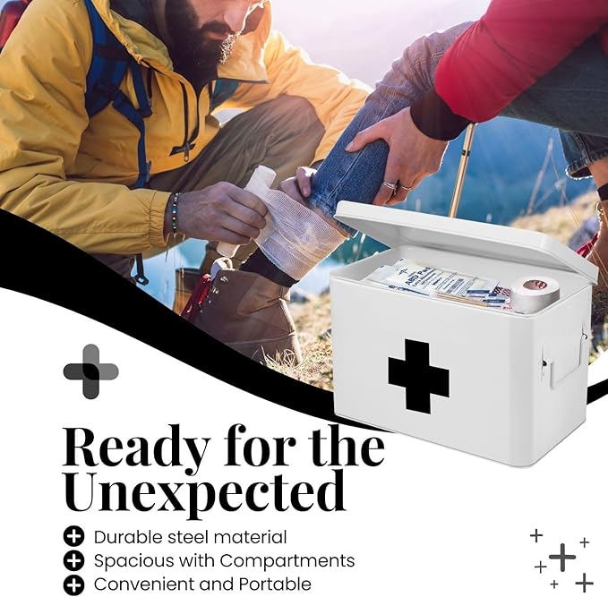 Flexzion First Aid Box Organizer Empty 13" White Vintage First Aid Kit Tin Metal Medical Box - First Aid Storage Box Container Bins with Dividers, Removable Tray and Black Cross Logo