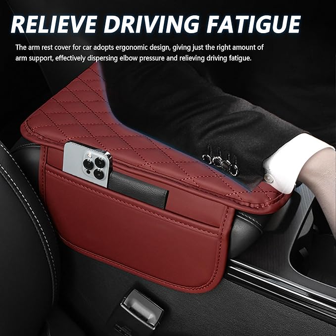Upgraded Car Center Console Cover,Microfiber Leather Car Armrest Cover Cushion with 2 Storage Bags,Universal Cars Armrest Storage Box Cars Interior Accessories for Most Vehicles (Red)