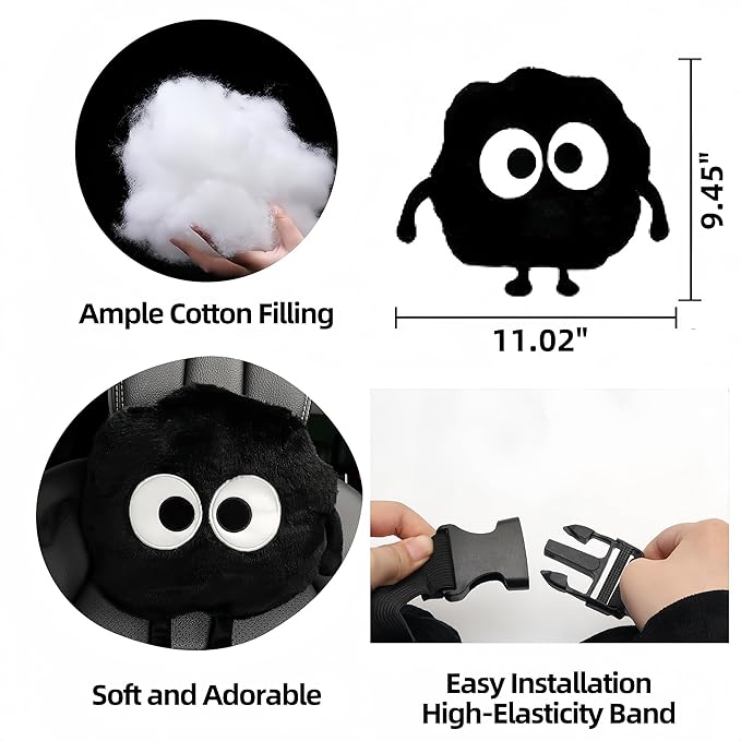 Car Headrest Pillow & Steering Wheel Cover Set with Cute Big-Eyed Furball Travel Neck Support Pillow Fur Car Interior Accessory (Black 3Pcs Set)