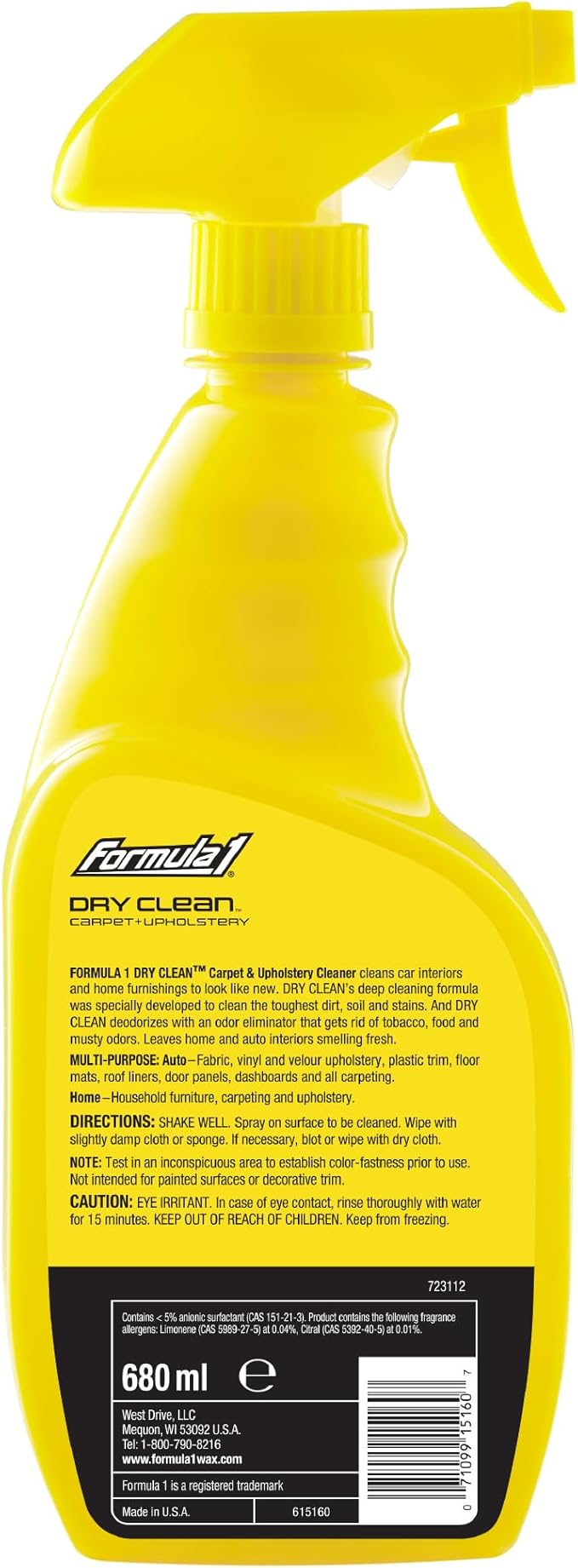 Formula 1 Dry Clean Carpet & Upholstery Cleaner - Stain Remover Spray for Car Seats & Floor Mats, Odor Eliminator for Interior Detailing, 23 oz.