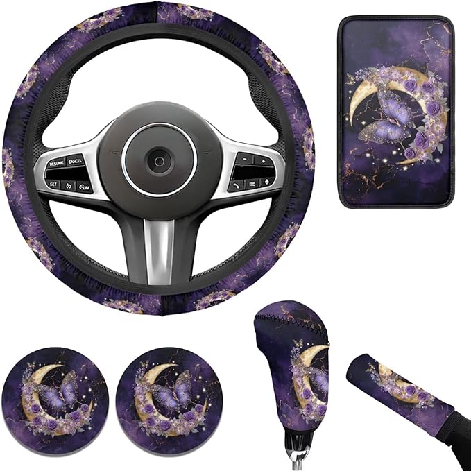Purple Butterfly& Moon Car Accessories for Women Cute Steering Wheel Cover Car Handbrake Cover,Cup Mat 6 Pcs Cars Interior Decor Suit for Vans Truck SUV