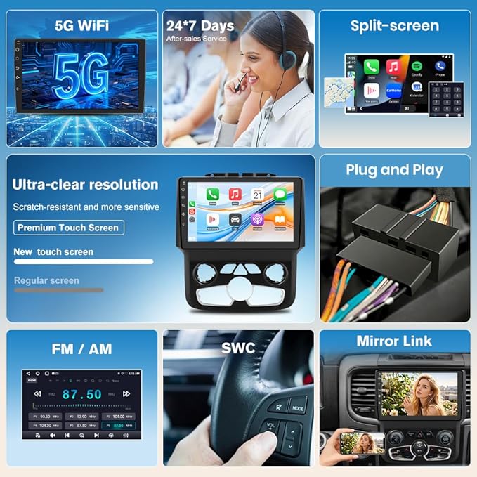 Junsun 5G WiFi Car Stereo for Dodge Ram 1500 2500 3500 2013-2019, Wireless CarPlay/Android Auto,9" HD IPS Display Support Cargo Rearview GPS DSP RDS BT AM/FM Auto AC 2GB+32GB ROM