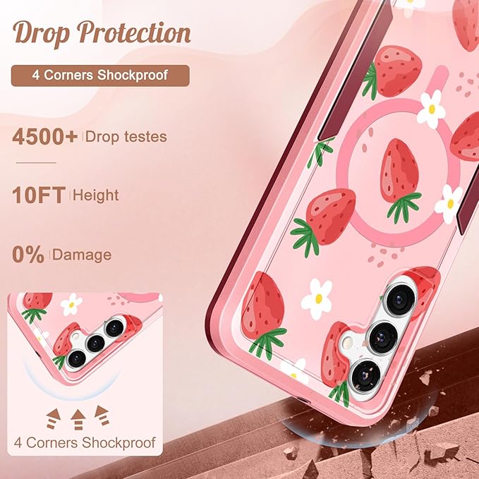for Samsung Galaxy A16 5G Phone Case - Compatible with MagSafe Women Girls Cute Magnetic Protective Cover Girly Pretty Kawaii Strawberry Heavy Duty Shockproof Design for Samsung A16 5G Case
