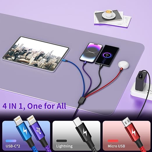 Multi Charging Cable [2Pack 5FT],Nylon Dual IP 4 in 1 Charging Cable, Multiple Charger Cord with IP/IP/Type C/Micro Port, Compatible with Most Cell Phones/Tablets and More