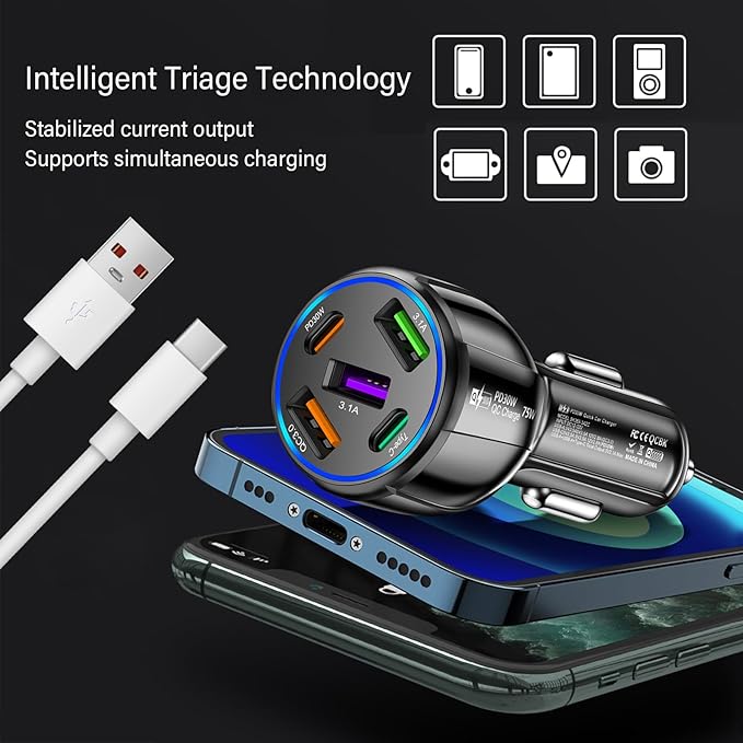 Upgraded Car Charger USB C with 5 Port,75W Cigarette Lighter Adapter with Type-C & QC 3.0 Ultra Fast Charging Port,Universal Car Charger Adapter for Navigator,Dash Cam (Black)