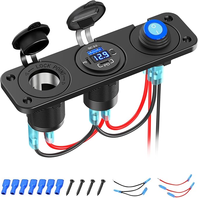 12V USB Panel Cigarette Lighter Socket with Rocker Switch: Qidoe Multiport 58W 12Volt USB Outlet with LED Voltmeter 150W Cigarette Lighter Splitter 12V Plug DC Outlet 3 in 1 Panel for Marine RV Truck