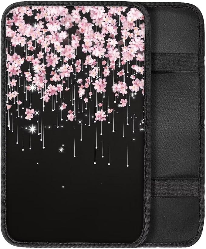 Pink Floral Auto Center Console Pad, Easy to Install Armrest Cover Pad for Trucks Vans SUV Cars, Universal Car Interior Decor Accessories for Women Men