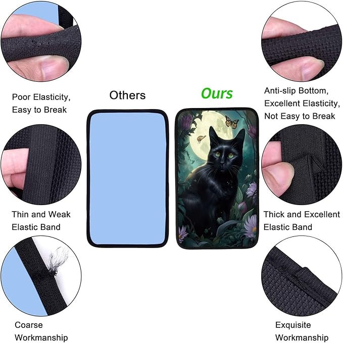 Car Armrest Cover Pads Universal Fashion Cute Auto Center Console Armrest Cover Pad with 2PCS Car Coasters Soft Waterproof Car Armrest Seat Protector for Women Girls, Black Cat