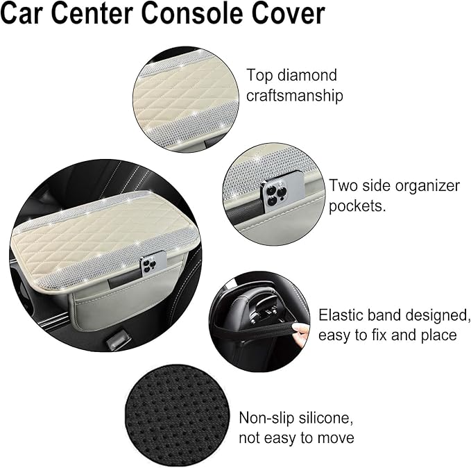 NBTEPEM Bling White Car Center Console Cover, Leather Car Arm Rest Cover with 2 Storage Bags, Universal Auto Armrest Protector Storage Box, Bling Accessories Interior for Most Vehicles