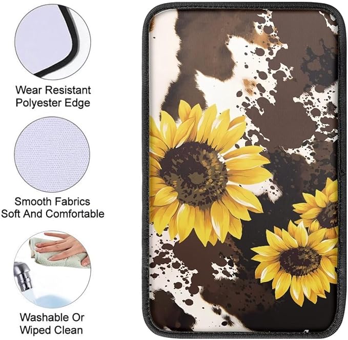 Sunflower Car Armrest Cover Protector Brown Cow Print Auto Center Console Cover Pad,Car Armrest Seat Box Cover Cushion Car Accessories Decor Universal for Most Car Sedan SUV