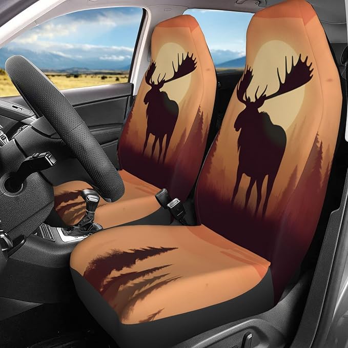 Delerain Car Seat Covers Set 2Pcs, Fall Sunset Wild Moose Universal Front Car Seats Vehicle Enterior Protector Suitable Fits Most Car Auto SUV Sedan Truck