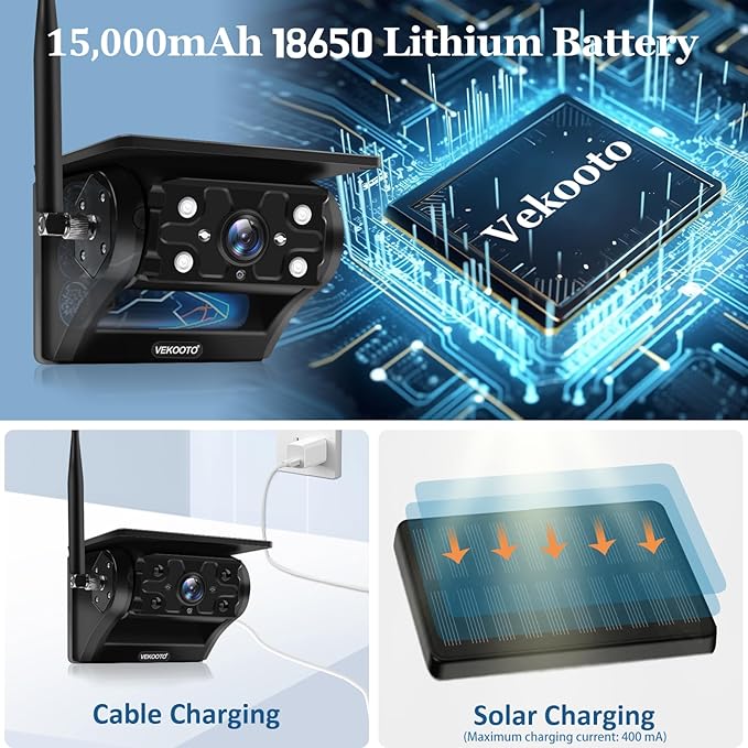 VEKOOTO VK7 Magnetic Solar Wireless Backup Camera, 7'' IPS Touchscreen Monitor HD1080P No Wiring 15,000mAh Rechargeable Camera System for Hitching Gooseneck Horse Trailer RV Camper Car Truck