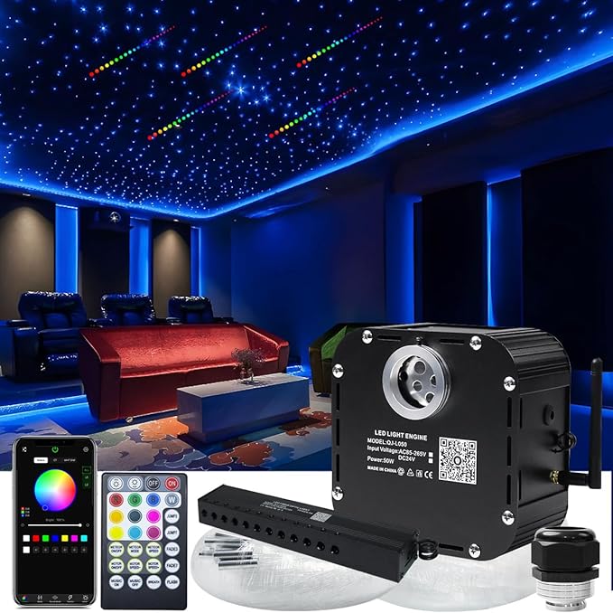 AZIMOM High Brightness 50W Twinkle Fiber Optic Starlight Kits1000pcs*0.03in*16.4ft Fiber Strands, RGB Meteor Shooting Star Sound Activated APP/Remote Control Theater Ceiling Home Shop Roof Decor