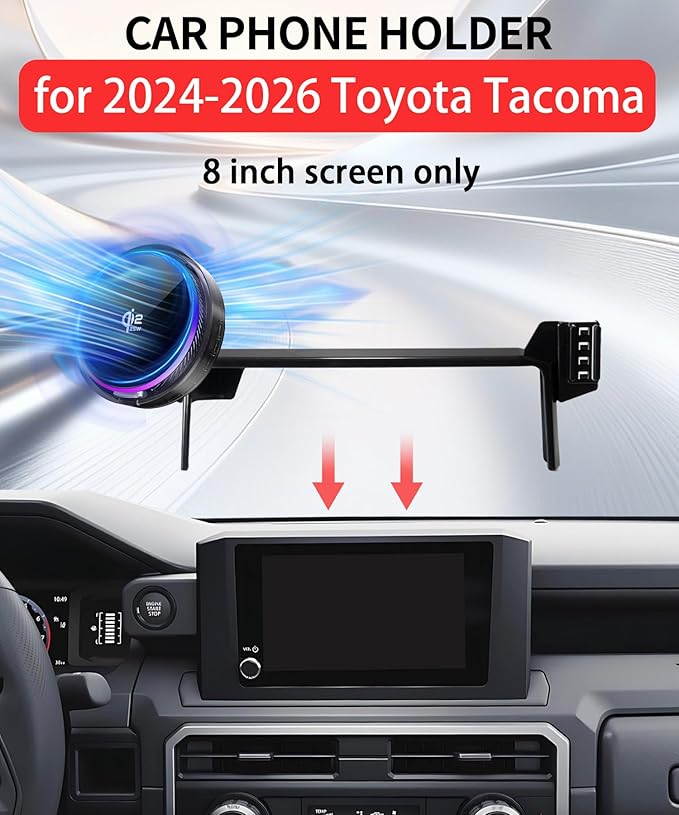 Qi2.2 25W Magnetic Car Mount Charger for 2024 2025 2026 Toyota Tacoma Accessories, for Fast Charging Cell Phone Holder 8 Inch Screen Fixed Clip with Cooling Fan＆54W Fast Adapter