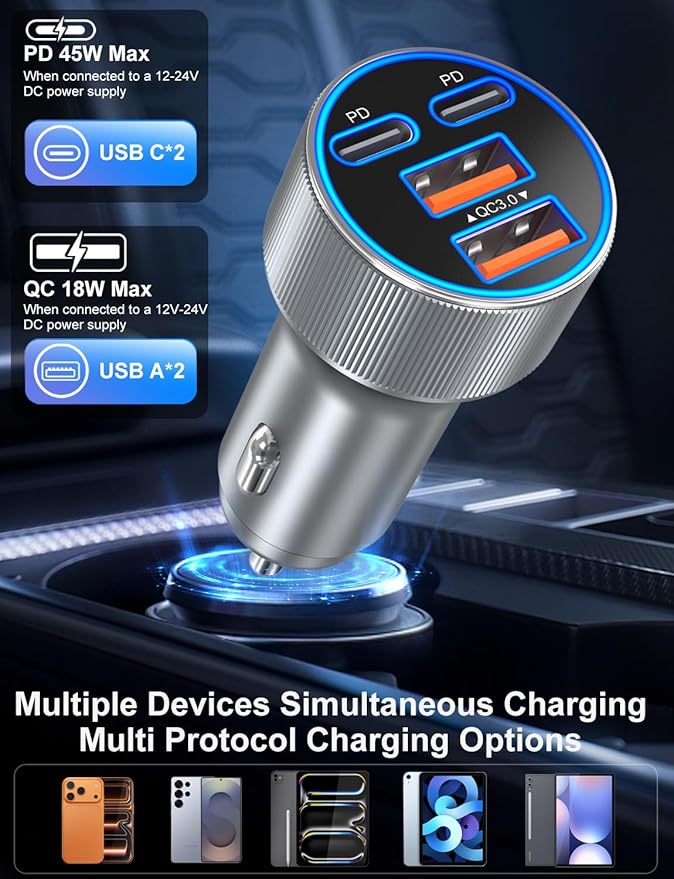 Car Charger USB C, 90W Multi Port Dual 12V Cigarette Lighter USB Charger QC 3.0/PD 45W Super Fast Charging Car Phone Charger Plug Adapter for iPhone 17 16e 15 14 13 12 Pro Max Pad Android(Gray)