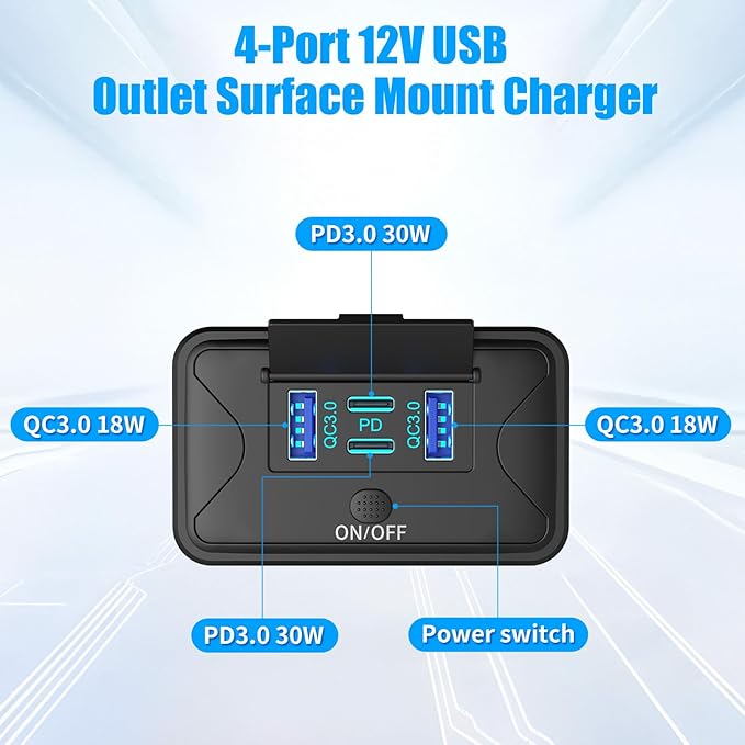 78W 4 Port 12V USB Outlet Wall Mount, Dual 36W PD & Dual 18W QC3.0 Lightweight Surface Mount Charger Socket Panel with Button Switch for Bus RV Truck Marine Golf Cart