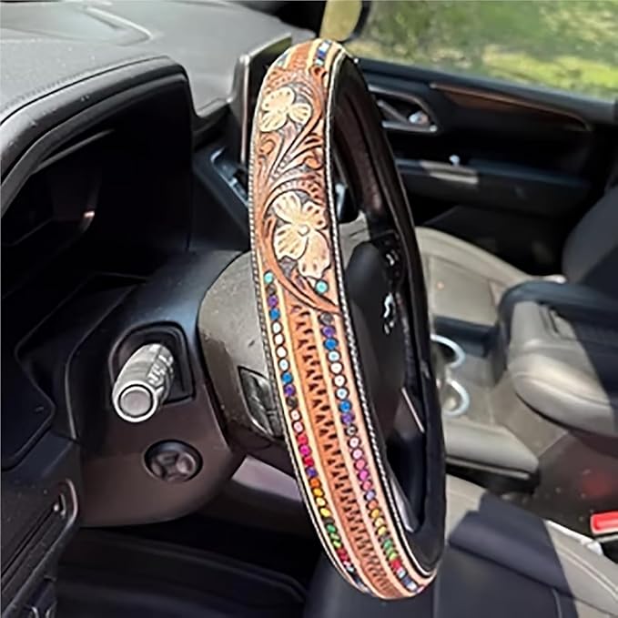 Western Steering Wheel Cover, Color Printed Embossed Hand-Painted Leather Western car Parts, for Women Man, Anti-Slip Design Easy to Install, for Trucks SUVs Cars (Style 2)
