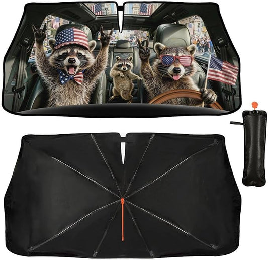 Funny Rocking Raccoon Print Car Sunshade Umbrella Funny Rocking Raccoon Windshield Sun Shade for Car Retractable Umbrella Sunshades for Front Window Sun Shades Cover Visor Portector Block UV Rays