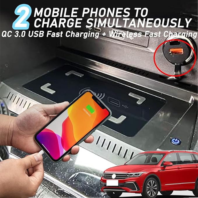 Wireless Car Charger for Volkswagen Tiguan (2017 2018 2019 2020 2021 2022 2023) All Models Accessory with 15w Wireless Fast Charging, Gift for Family