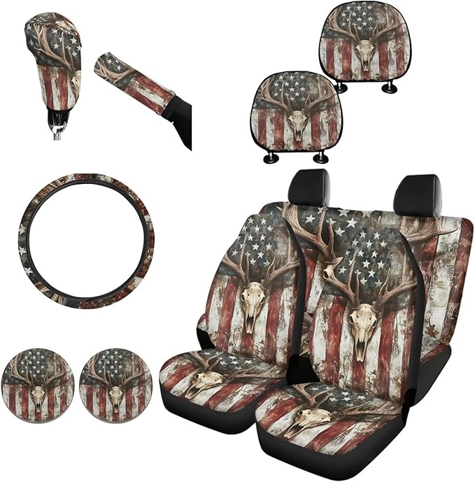 FKELYI American Flag Car Seat Cover Set, Skull Deer Gear Shift Knob, Handbrake, Steering Wheel, Cup Holder Coasters, Headrest