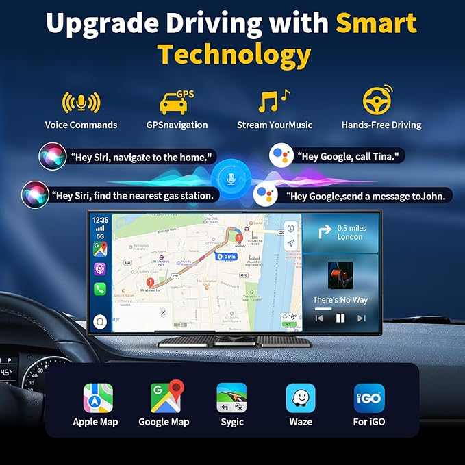 11.5" Largest Wireless Carplay HD Screen for Carplay & Android Auto Car Stereo with 4K Dash Cam 1080P Backup Camera, GPS Navigation/Bluetooth/Mirror Link/Voice Control/AUX/FM/Siri