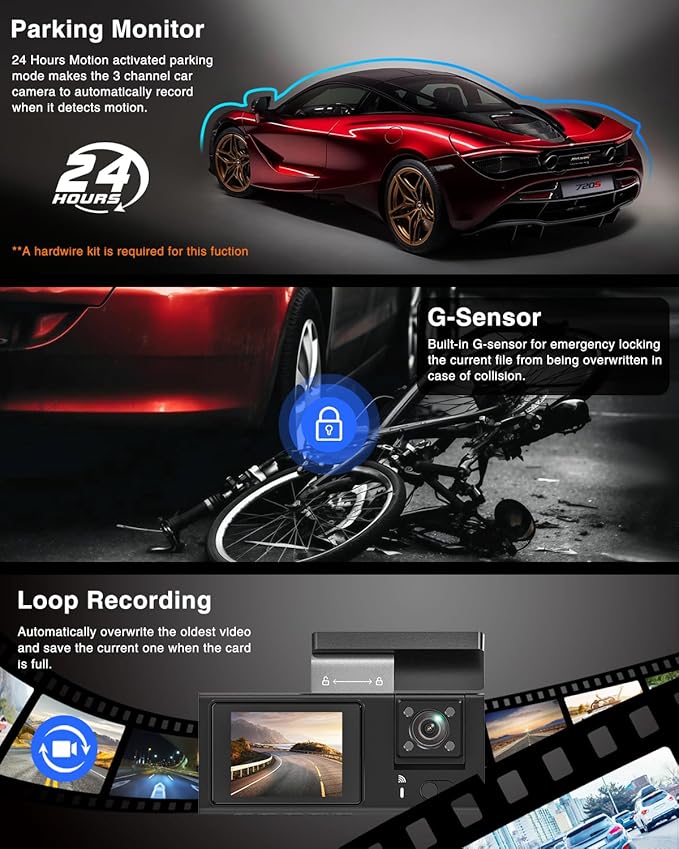 3 Channel 4K WiFi Dash Cam, 4K+1080P+1080P Front Inside and Rear, Triple Dash Camera with 32GB Card, APP Control, G-Sensor, 24 Hours Parking Mode, Loop Recording, Night Vision