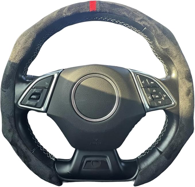 Quick Install Sporty Suede Leather Steering Wheel Cover with Red Top Trim Universal fit Any 14½" to 15" Car SUV Pickup Steering Wheel