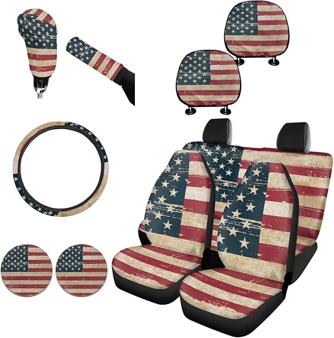 FKELYI Red American Flag Car Seat Covers Full Set, Steering Wheel Protector, Headrest Cover, Gear Shifter Knob and Handbrake Cover