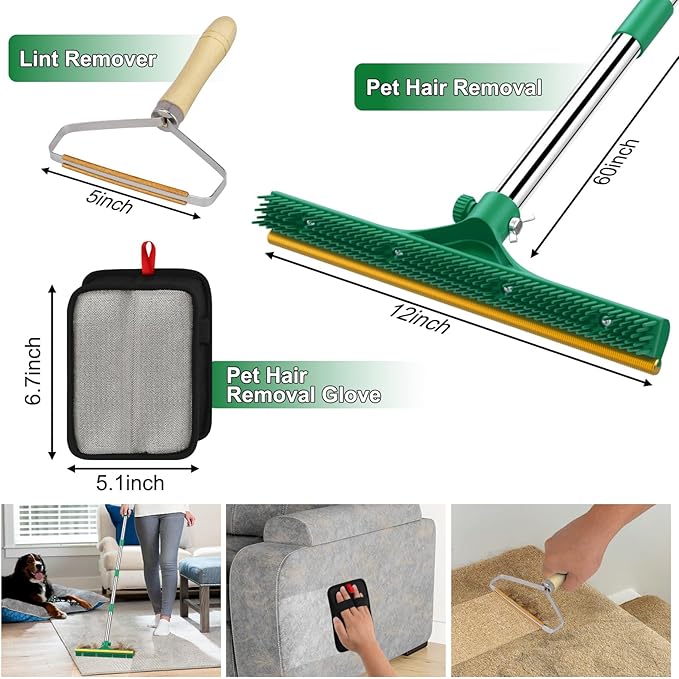 3 in 1 Carpet Rake for Pet Hair Removal, Reusable Pet Hair Remover Broom, 60'' Adjustable Long Handle Dog and Cat Hair Remover Tool Set of 3, Lint Remover Scraper for Carpets (Dark Green, 60inch)