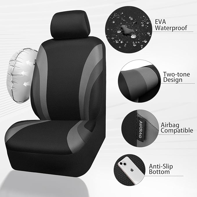 CAR PASS EVA Waterproof Car Seat Covers Full Set,Black Gray Seat Covers for Cars,Airbag Compatible,Universal Fit Sedans,Vans,SUVs,Trucks (Black and Gray)