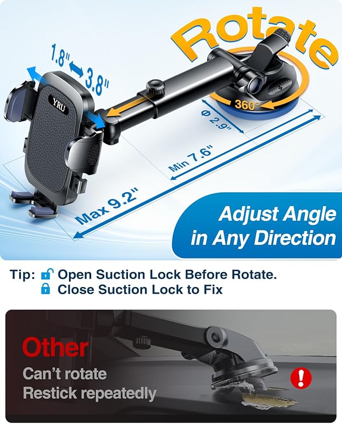 YRU True Military-Grade [360° Rotation Suction] 2026 Ultimate Car Phone Holder Mount 【90+LBS Safest Strongest & Patent Certs】 Dashboard Windshield Vent for iPhone 17 16 Pro Max Samsung